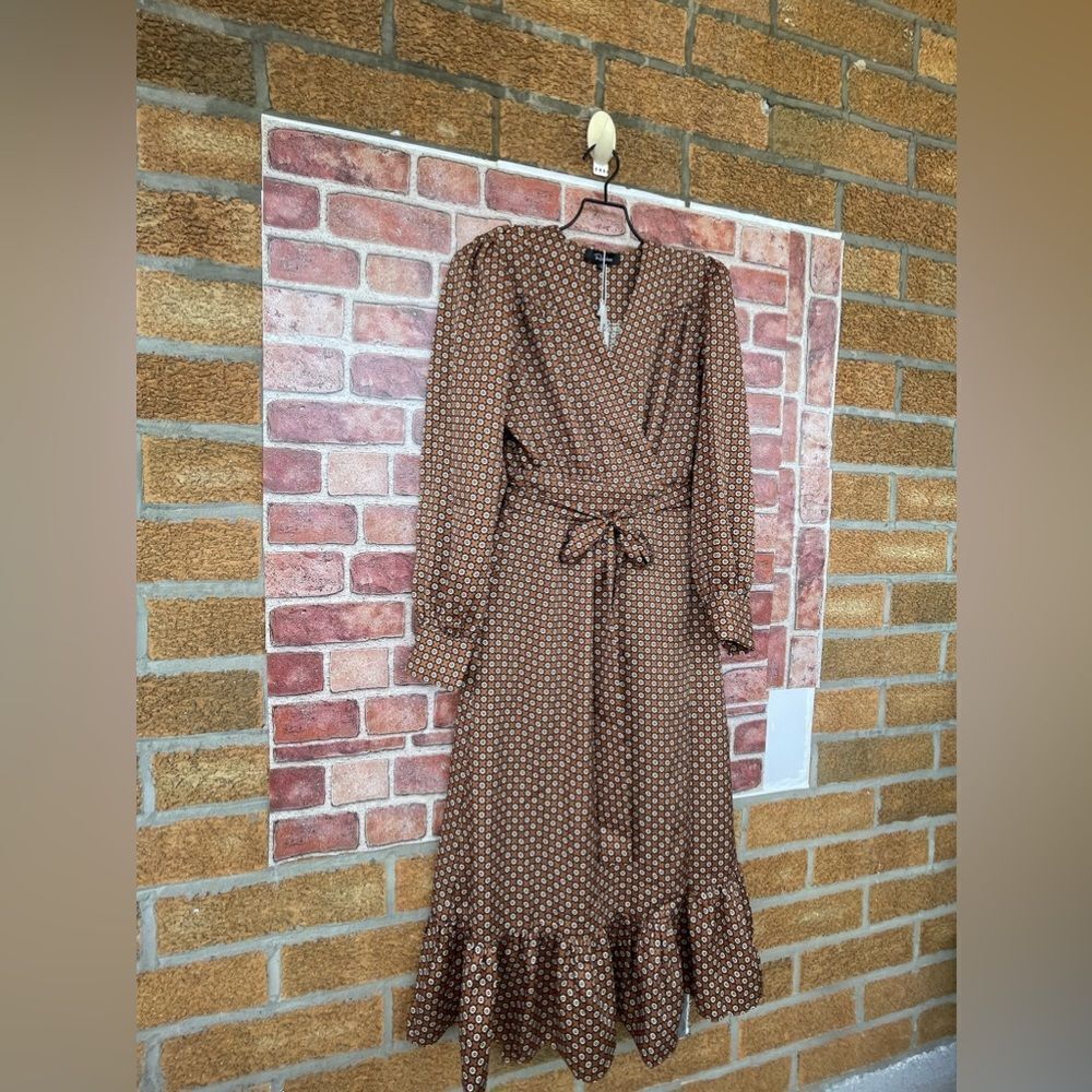 Rosedress Vintage Floral Printed Long Sleeve Ruffle Wrap Midi Dress - Coffee L — image 6 of 8